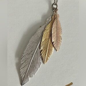 Silver, Gold, & Copper Tone Feather Pendant Necklace with Long Silver Tone Chain